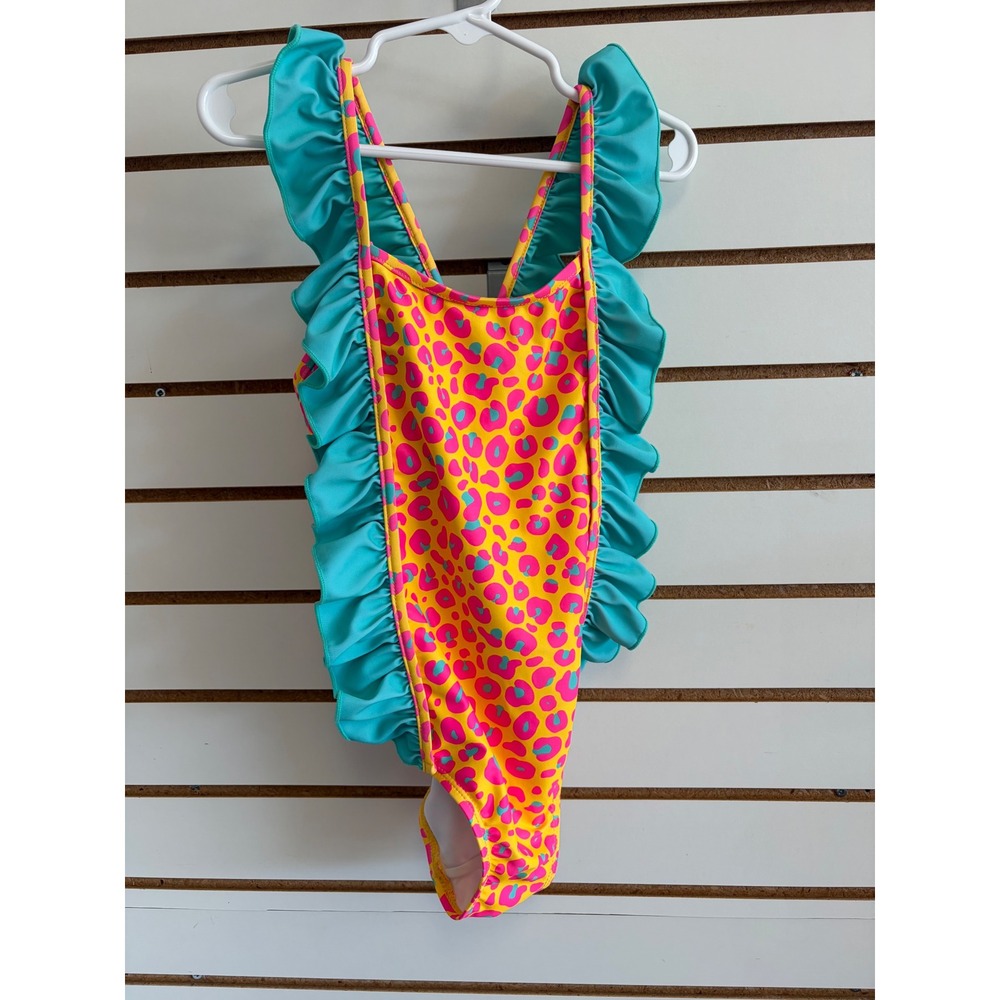 Gigi and Max Girls Neon Leopard Ruffle One Piece Swimsuit Yellow Pink Teal 4/5T